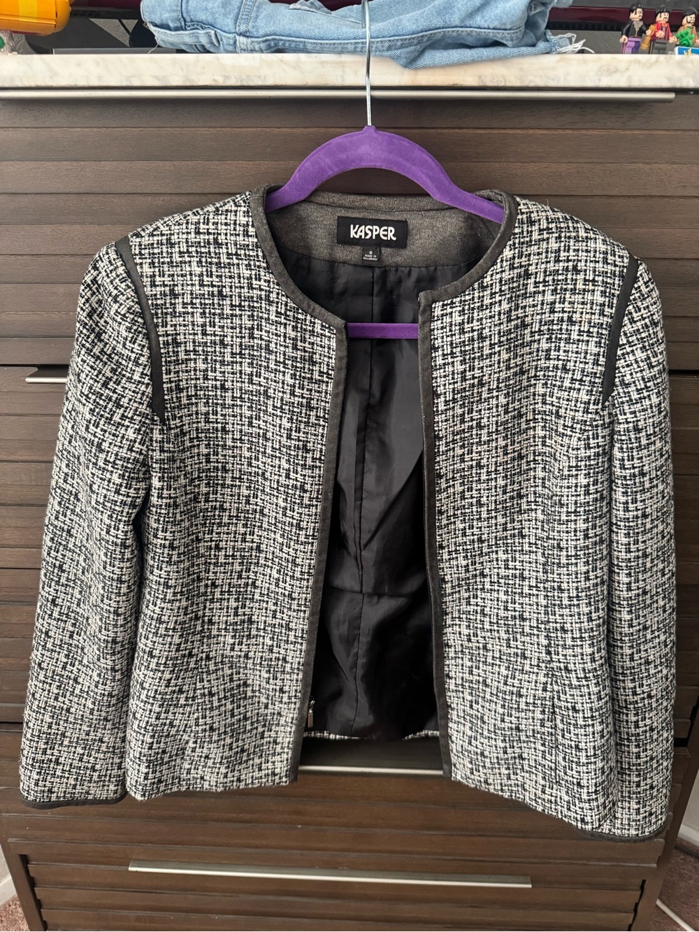 Kasper Black and White Tweed Collarless Blazer with Zipper Closure